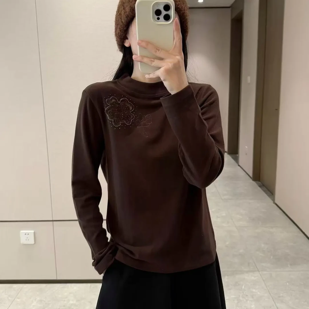 冬季新款德绒半高领镂空烫钻长袖T恤女时尚气质百搭打底衫上衣