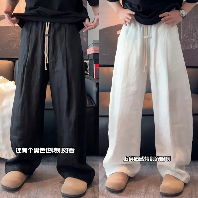 夏季薄款老钱风棉麻肌理感垂感休闲裤男士纯色简约透气宽松直筒裤