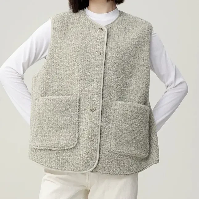 B-706圆领颗粒绒马甲女2025年新款百搭宽松坎肩背心摇粒绒外套潮