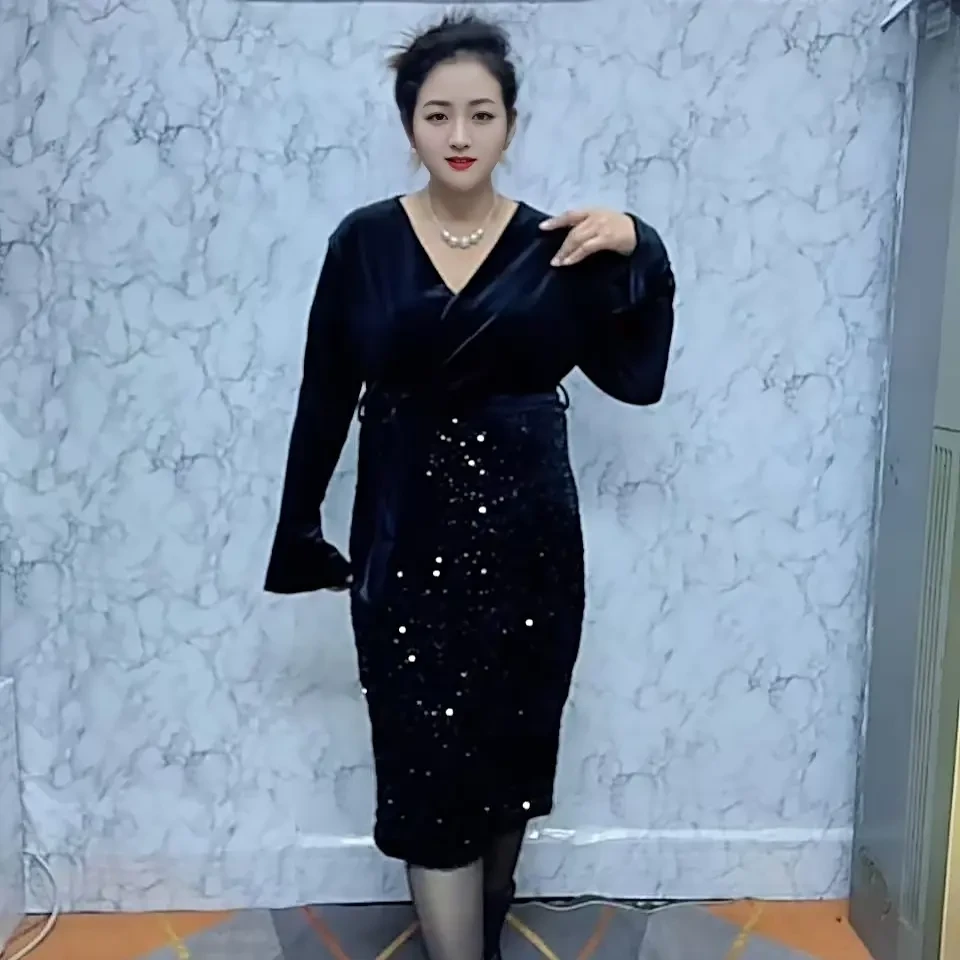 秋季时尚拼接V领蝴蝶结亮片连衣裙显瘦遮肉气质满满