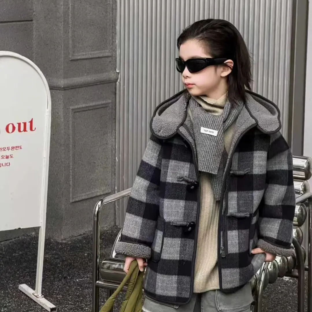 男女童冬季加绒加厚韩系时尚格子呢大衣外套