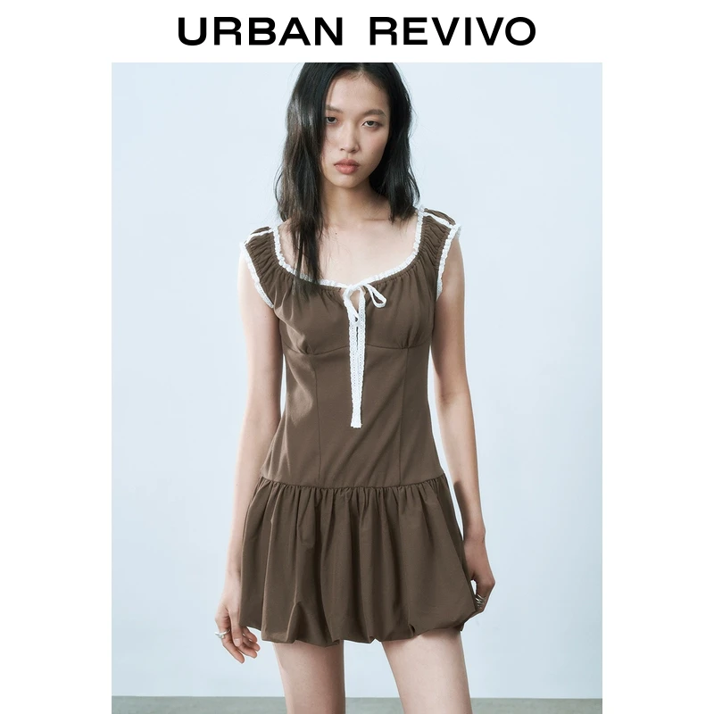 UR2025春季新款女装欧若风撞色蕾丝飘带U领修身连衣裙UYY750014