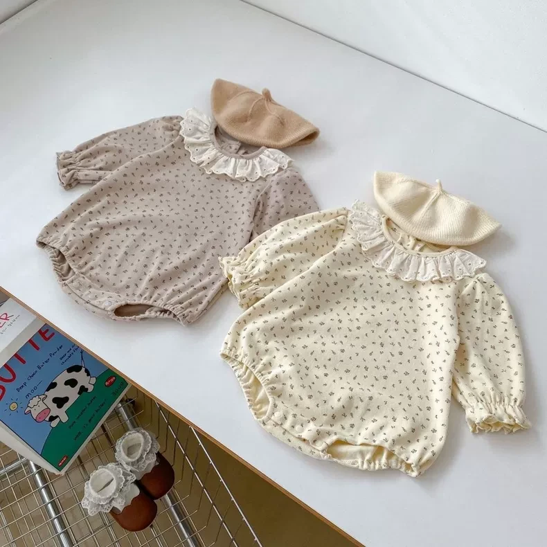 婴儿连体衣春季新款小碎花荷叶领三角哈衣韩版女宝宝包屁衣爬爬服