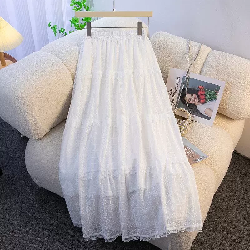 白色蕾丝裙半身裙女2025春季新款高腰显瘦大摆仙女长裙百搭a字裙