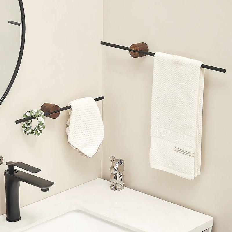 胡桃木毛巾架单杆中古风免打孔壁挂式卫生间高端新款浴巾置物架子