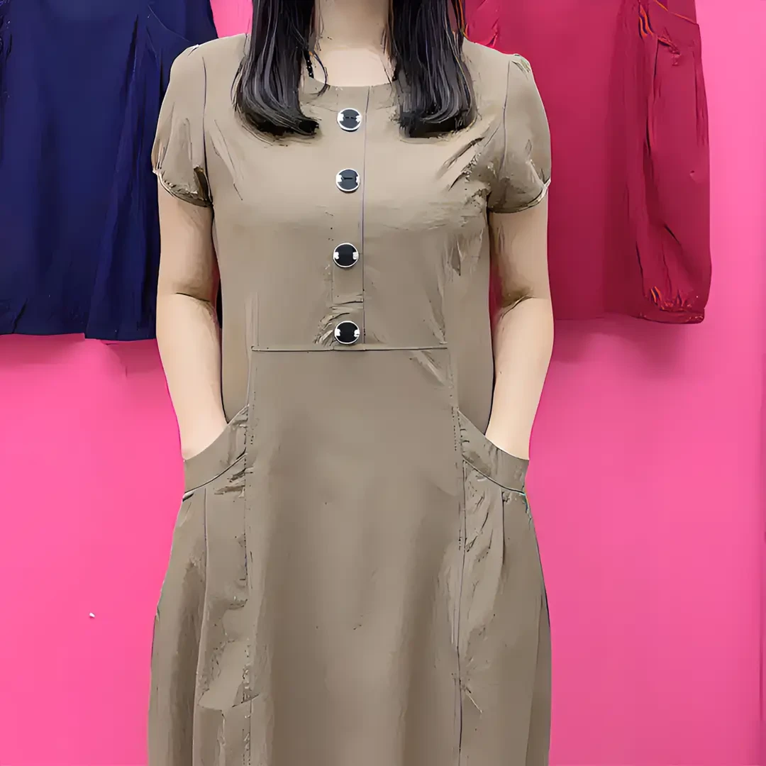 夏季洋气时尚新款纯色短袖圆领连衣裙休闲百搭宽松遮肉气质裙女士