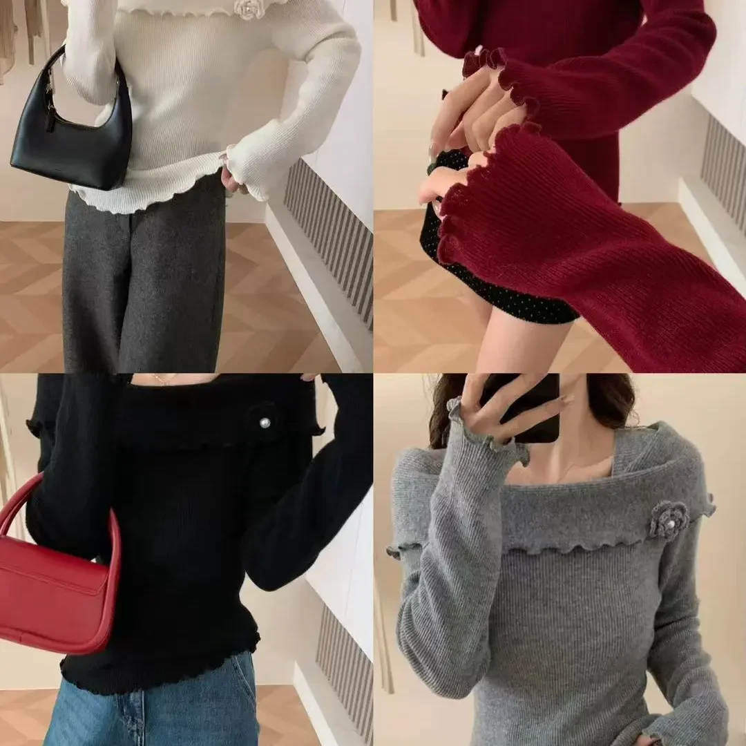 【卡米尔】法式花朵网红厚款毛针织衫毛衣显瘦打底衫不褪色针织