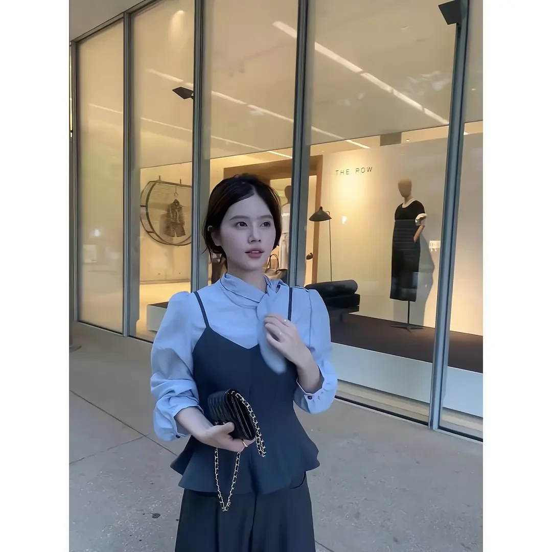 韩系吊带上衣气质蝴蝶结衬衫两件套直筒西装阔腿裤老钱风女装