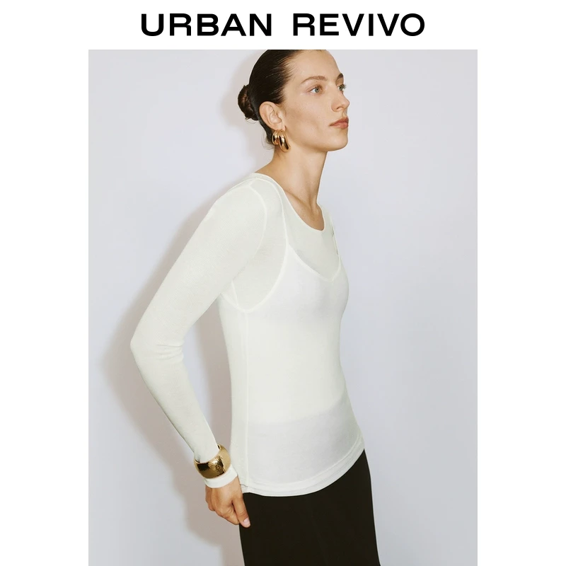 UR2025春季新款女装欧若风简约气质两件式修身长袖T恤UWM450010