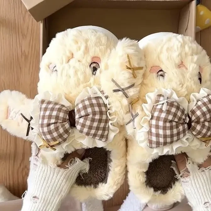 女生秋冬可爱防滑厚底加绒保暖毛毛包头棉拖鞋冬季毛绒棉鞋卡通