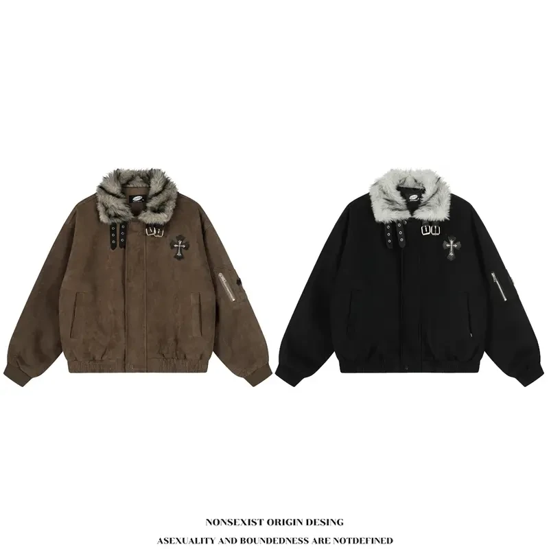 国潮美式复古休闲撞色棉衣外套男女冬季个性棉服夹克