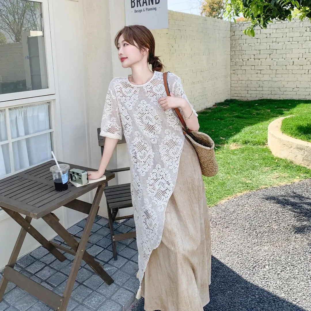 法式气质吊带连衣裙女夏日独特绝美叠穿不规则蕾丝t恤裙两件套装