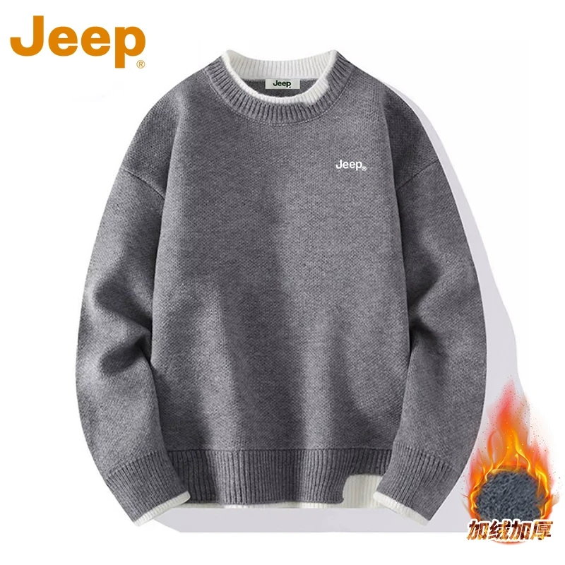 JEEP吉普加绒假两件毛衣男款秋冬2025新款潮流宽松休闲打底针织衫
