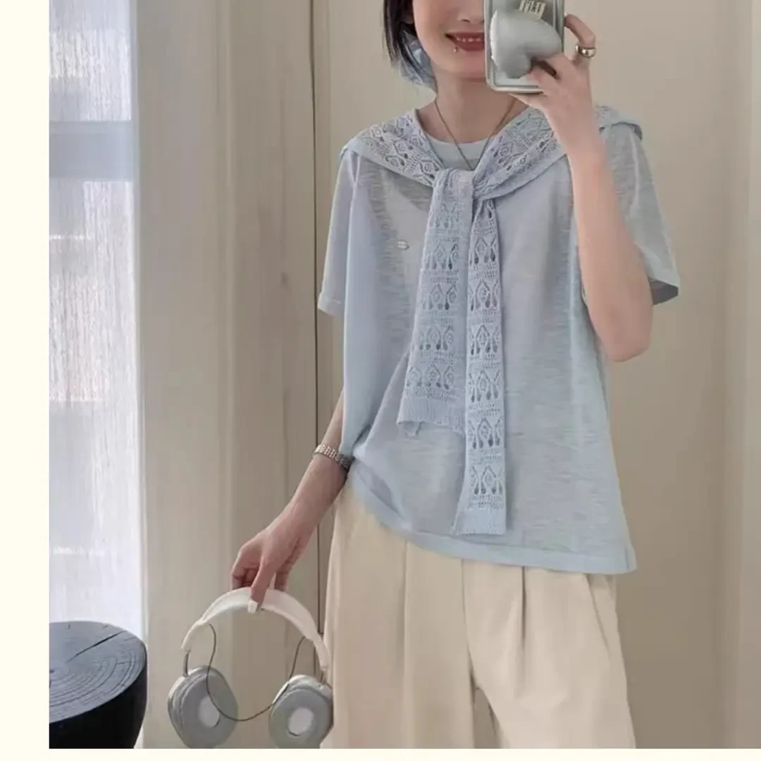 C331夏季新款蕾丝钩花披肩冰丝短袖针织衫T恤洋气减龄两件套上衣