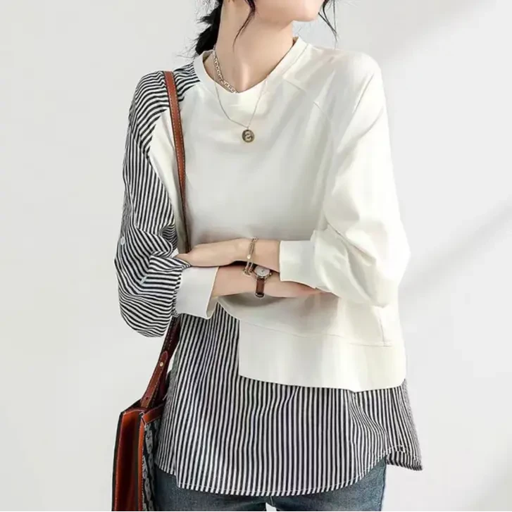 A082假两件条纹衬衫女中长款衬衣宽松休闲长袖上衣慵懒风