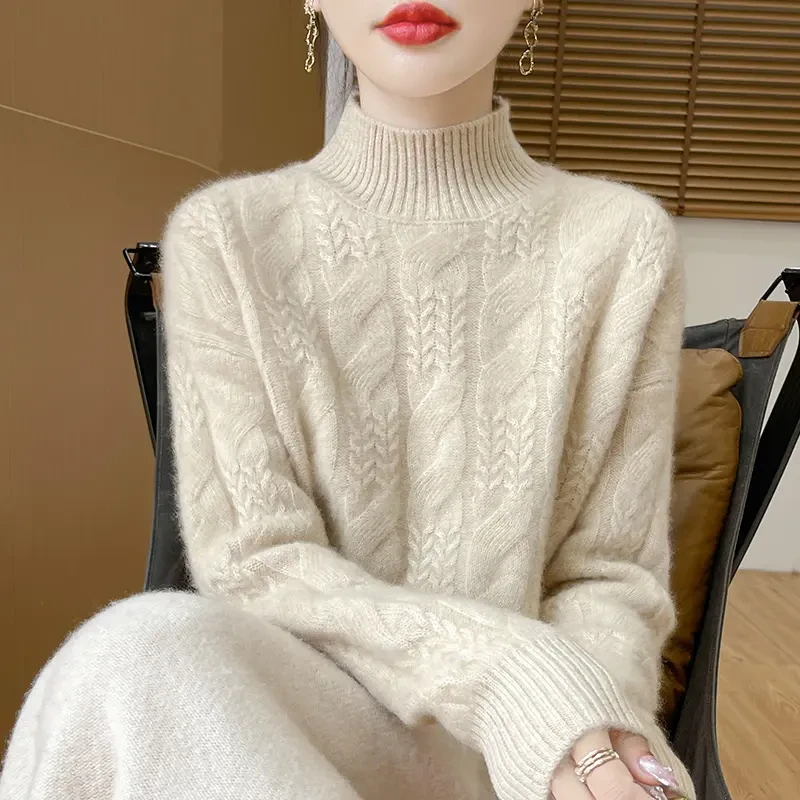 鄂尔多斯市100%羊绒衫女秋冬新款半高领加厚毛衣宽松打底羊毛衫