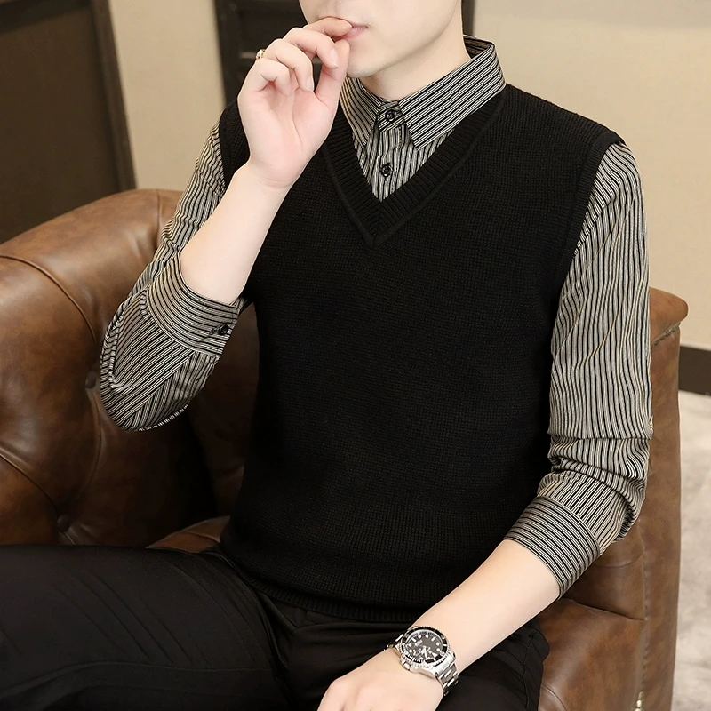 假两件衬衫男士2025春秋季新款潮流拼接衬衣高端条纹内搭秋装上衣