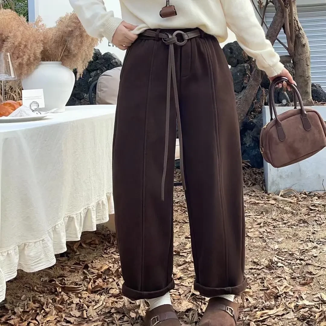 2603冬款加绒高腰慵懒休闲气球裤九分裤（米色M裤长94咖色91左右）