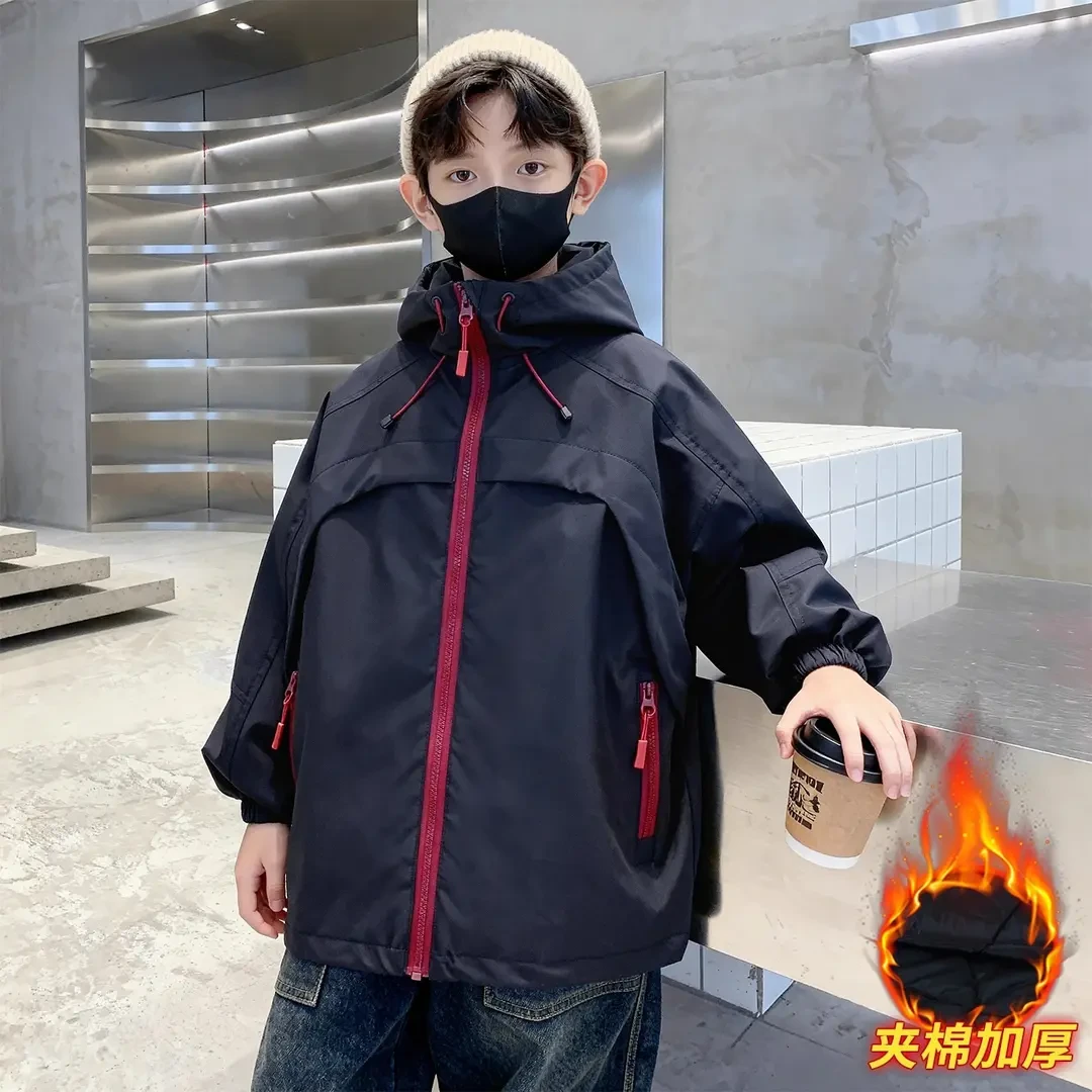 男童秋冬款外套夹棉加厚2025新款中大童冬装儿童连帽男孩冲锋衣潮