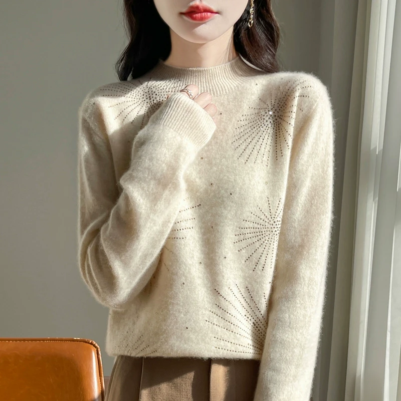 羊范100%纯羊毛衫女一线成衣半高领烟花镶钻针织毛衣宽松内搭长袖