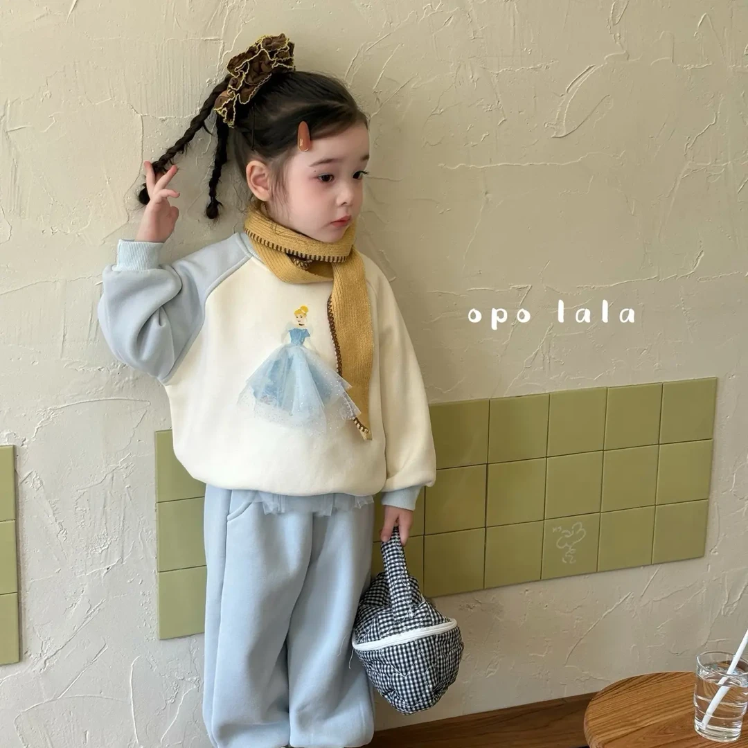 Opolala 2025冬季新款蓝色爱莎加绒卫衣休闲套装卡通女宝小童