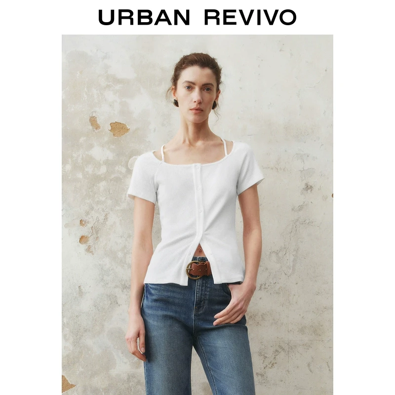 UR2025春季新款女装欧若风氛围感修身露肩U领短袖T恤UWH450004