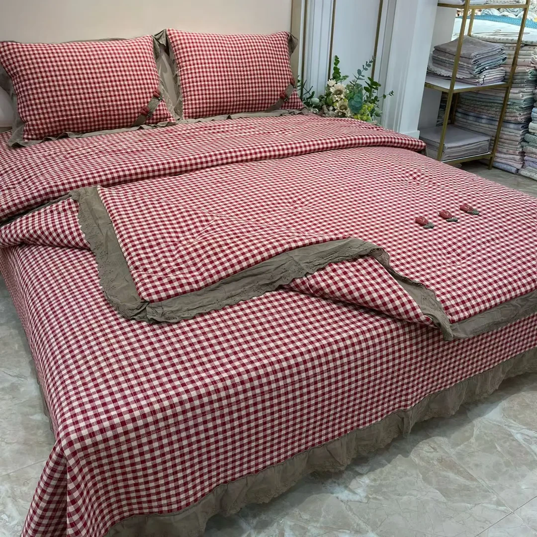 全棉色织格子工艺防滑绗缝床盖四件套