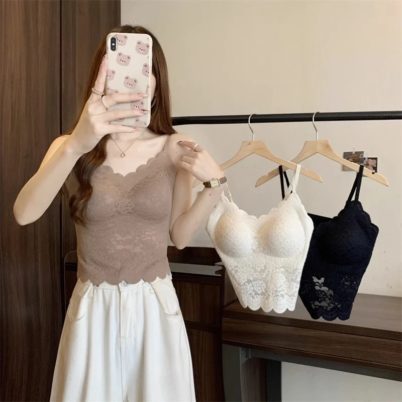 春夏女士冰丝吊带美背内衣上衣蕾丝带胸垫外穿背心性感