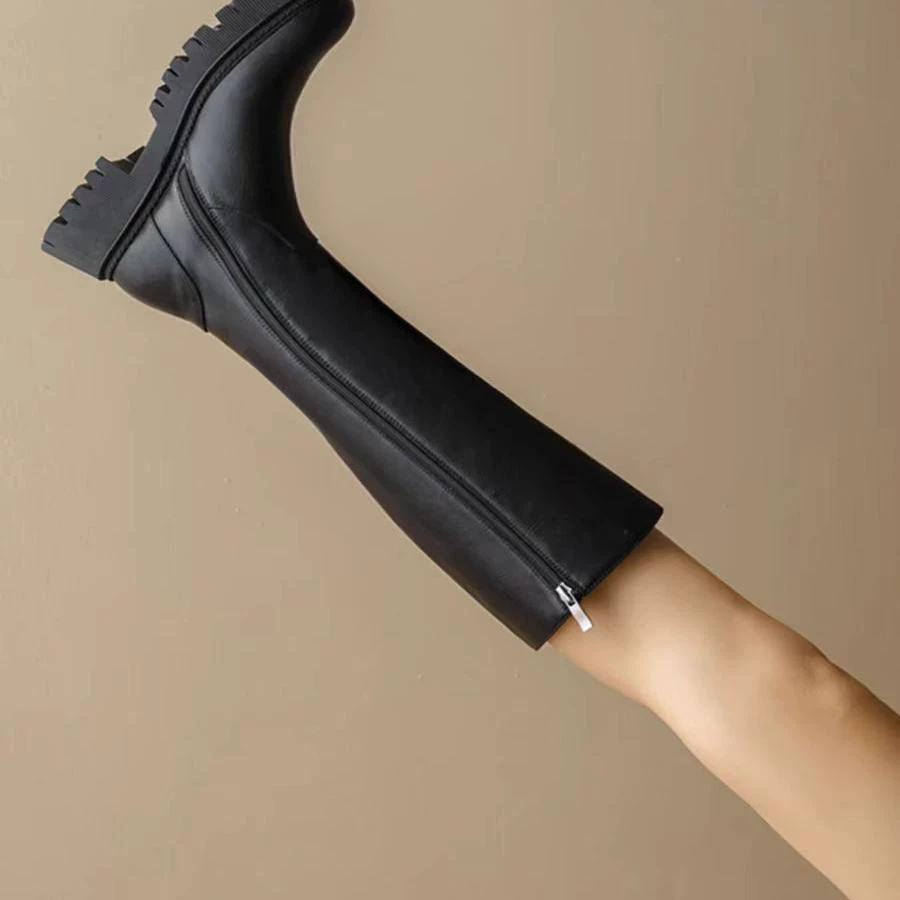 669962 不过膝高筒靴牛皮大筒围胖粗腿小个子厚底骑士靴