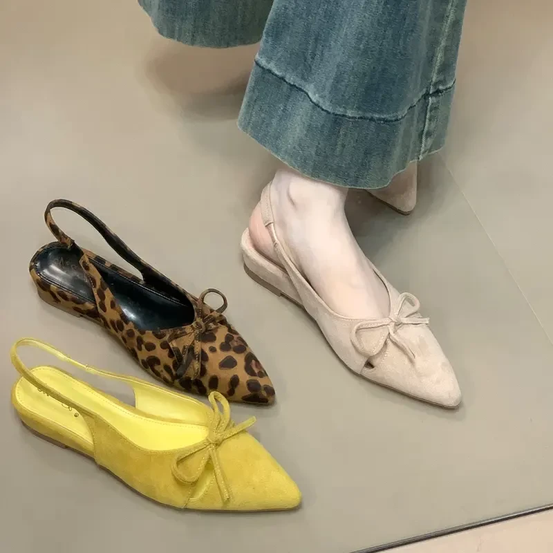 后空晚晚鞋女绒面尖头小众蝴蝶结包头凉鞋法式单鞋子气质网红时尚