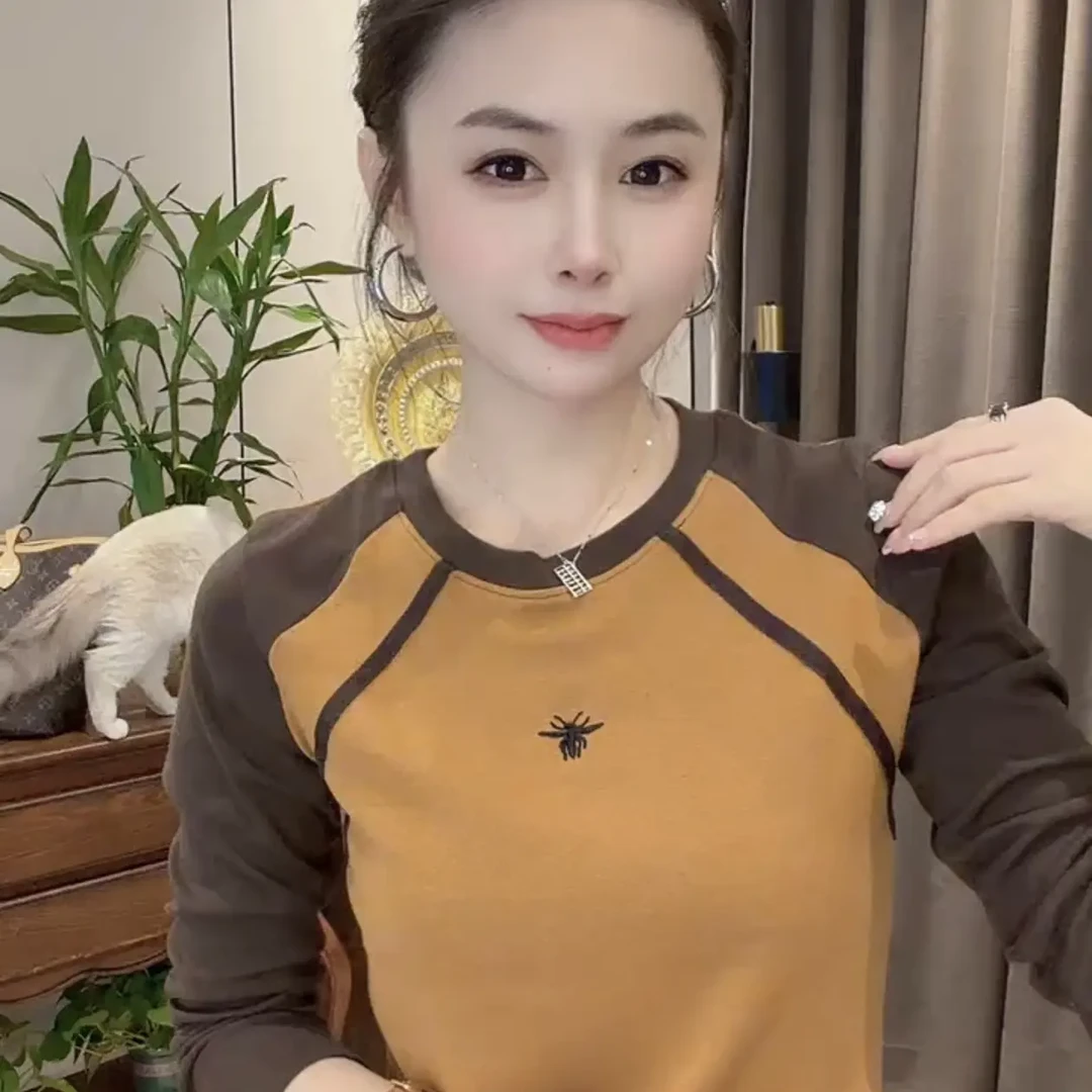 高级感撞色拼接刺绣拼色圆领常规长袖耐磨女T恤女士秋季上衣女
