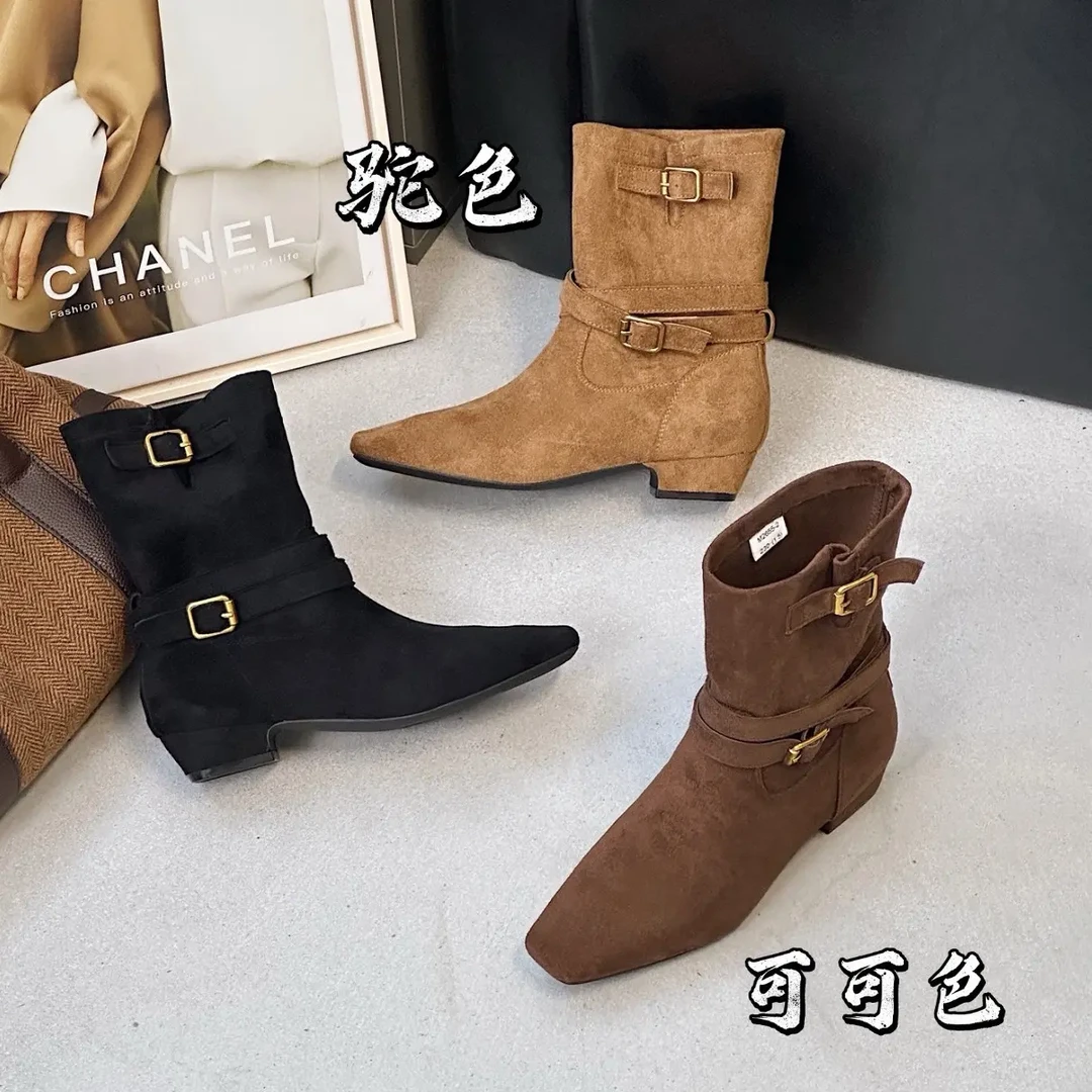 秋冬美拉德西部牛仔靴女复古方头皮带扣中筒时装靴百搭显瘦粗跟