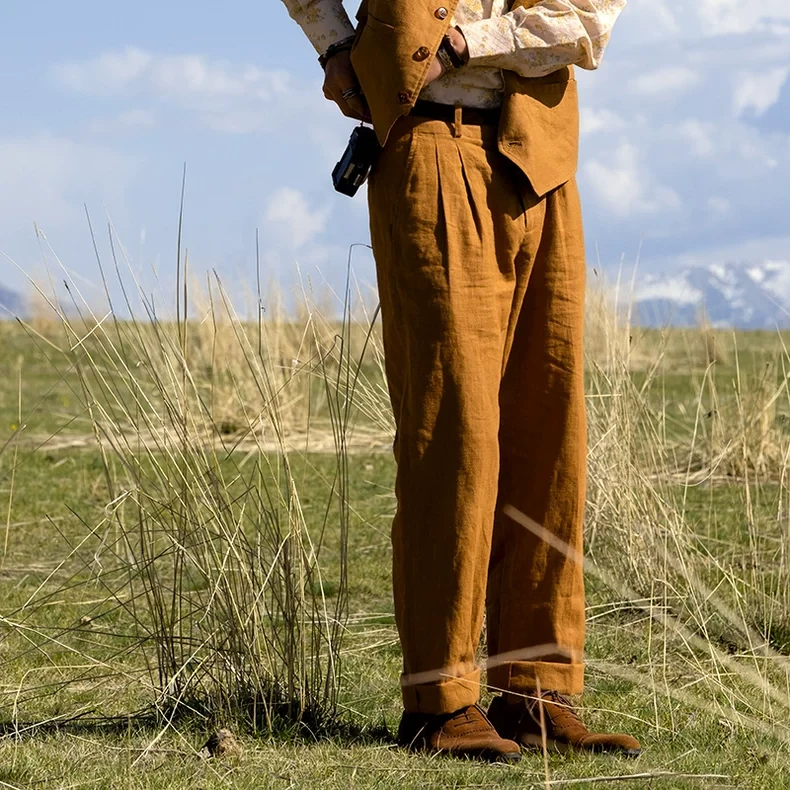 SOARIN英伦风复古棉麻西装裤男 夏季薄款商务休闲直筒宽松九分裤