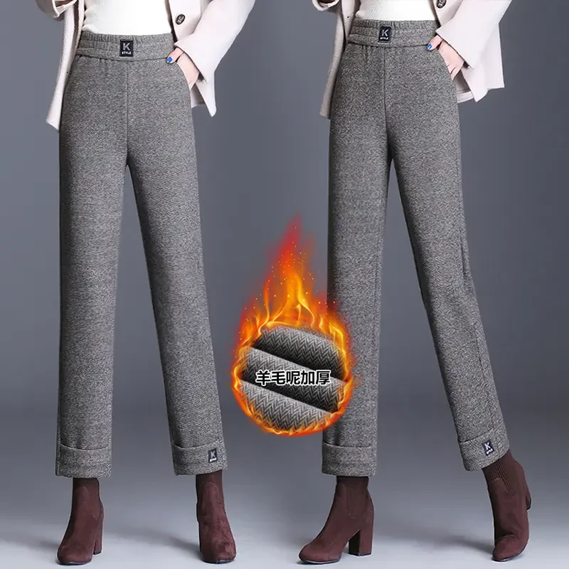 拉夏贝尔毛呢裤子女今年流行的爆款裤子妈妈九分直筒阔腿休闲裤