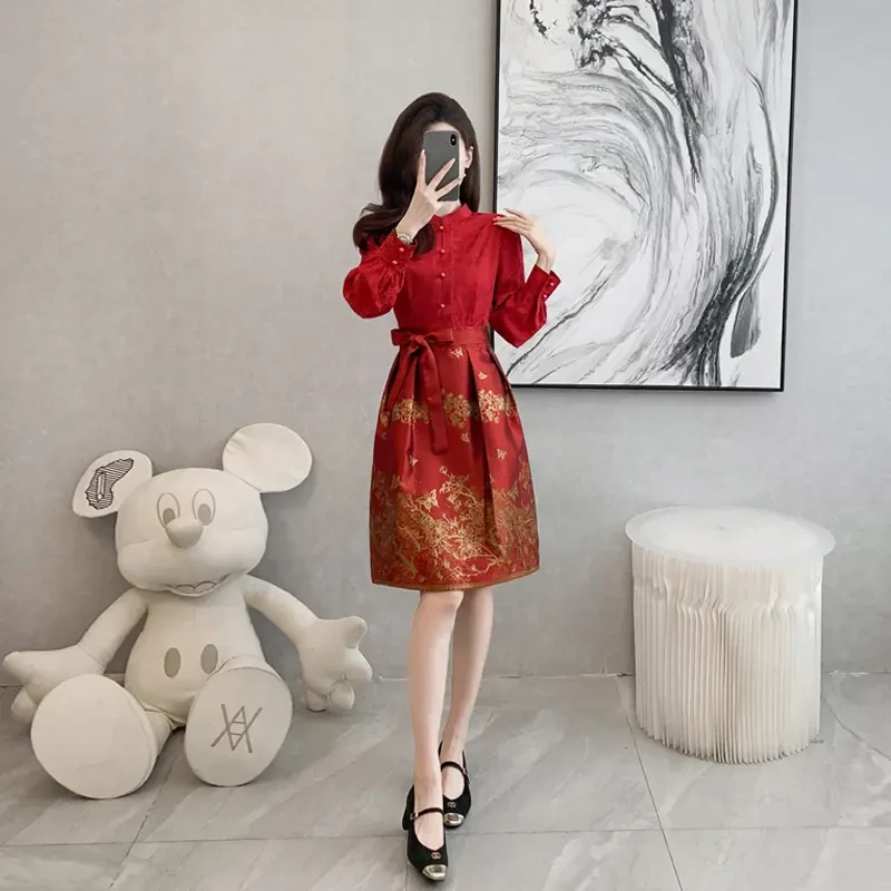 红色新娘敬酒服中式旗袍马面裙时尚新中式订婚礼服套装婚礼连衣裙