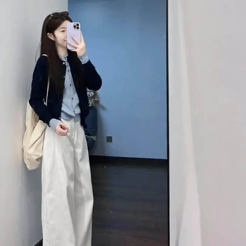 2025秋季时尚假两件长袖针织开衫气质甜美白色直筒休闲裤两件套
