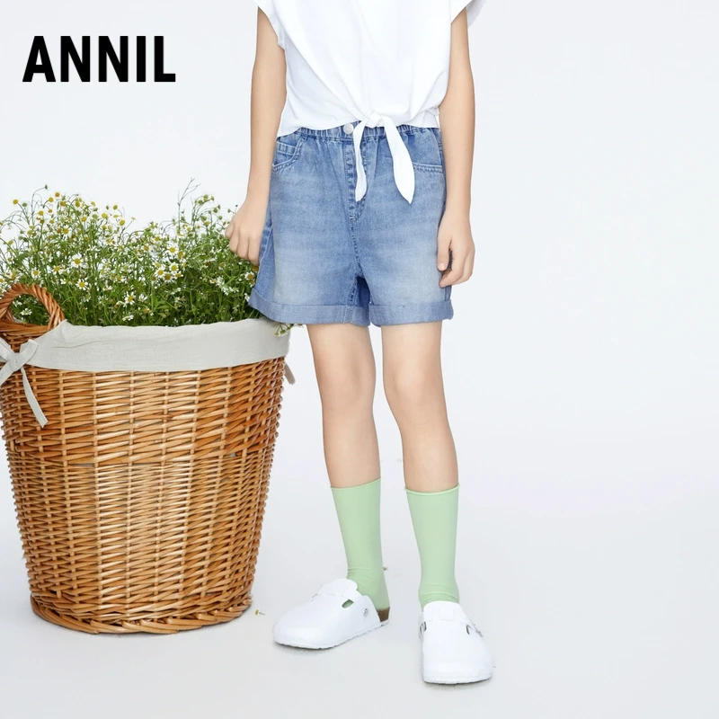 安奈儿女童纯棉牛仔短裤夏装新款时尚牛仔热裤AG426652商场同款