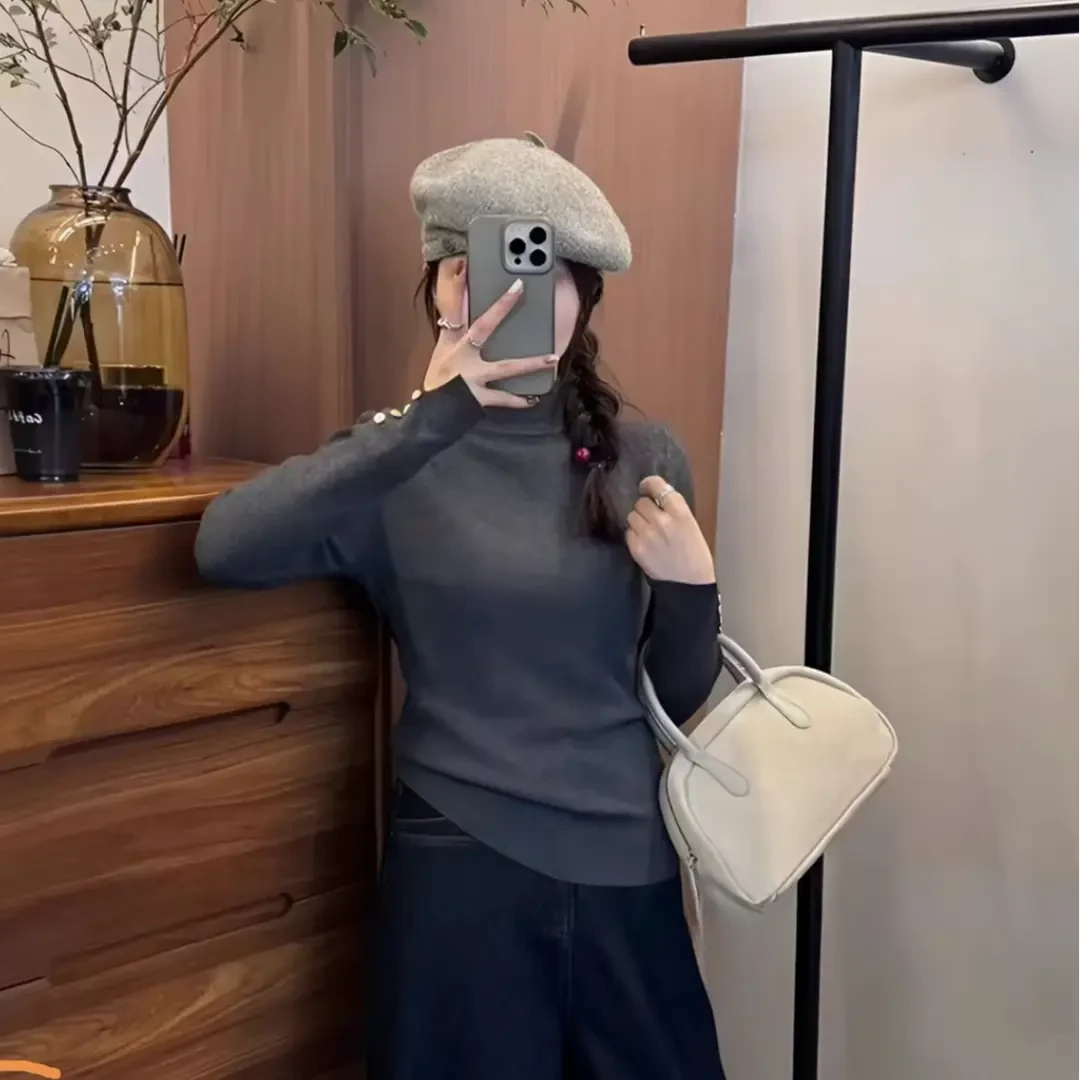 2025秋冬季新款纽扣半高领针织衫毛衣女打底衫半高领毛衫 E22-16