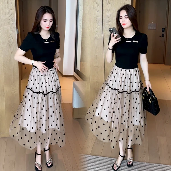 夏季洋气时尚气质假两件连衣裙减龄百搭印花拼接碎花裙子 291