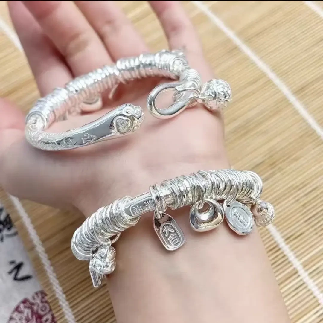 足银手镯纯银999银吉言盘缠手镯女宫铃开口猫爪镯子情人节送女友