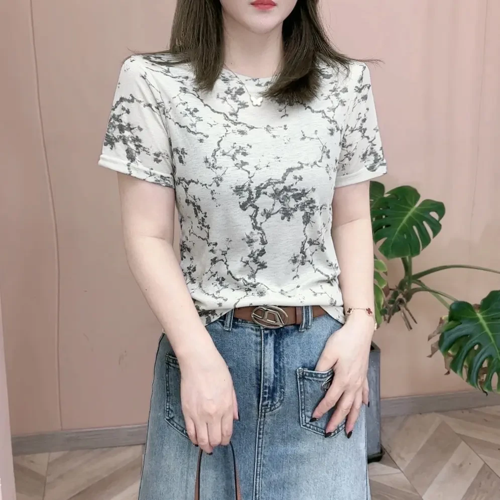 F232夏季新品时尚打底衫百搭印花显瘦休闲圆领T恤短袖女士上衣