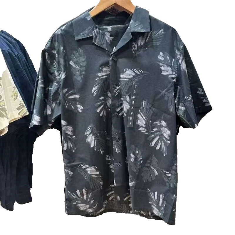 2025夏季新款宽松修身T恤男装印花时尚百搭开领衬衫短袖衬衣男款