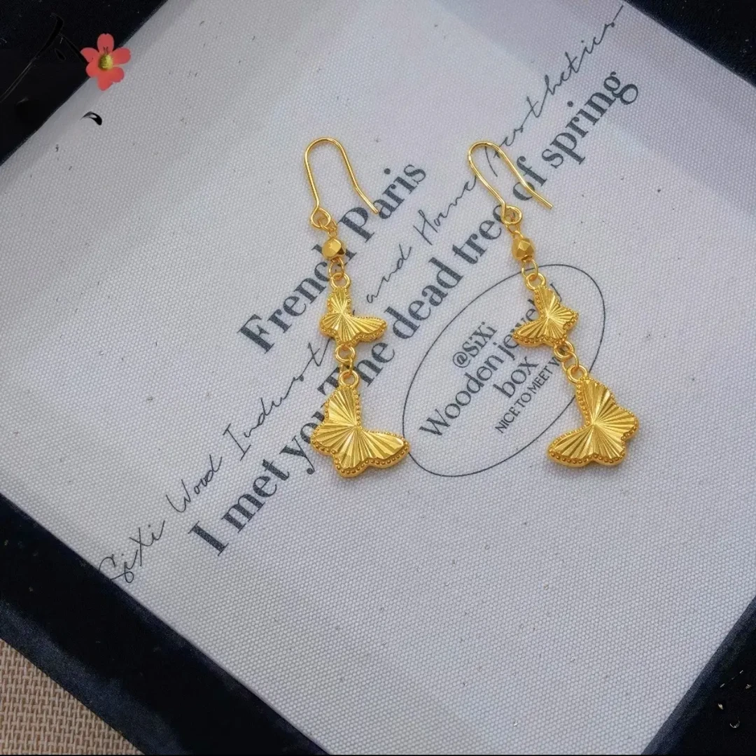 铜合金耳饰  精致金色【金版镭射双蝴蝶耳坠】时尚气质百搭女款精美