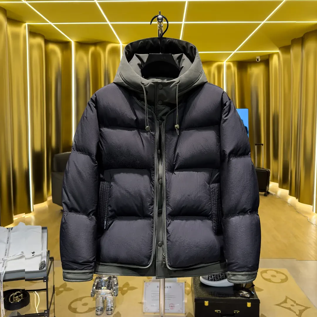 白鹅绒秋季新款假两件连帽羽绒服男保暖情侣外套撞色拼接连帽