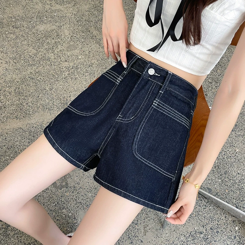 蜜蜜穿搭丹宁蓝高腰牛仔短裤女2025夏季薄款a字阔腿收胯四分裤子
