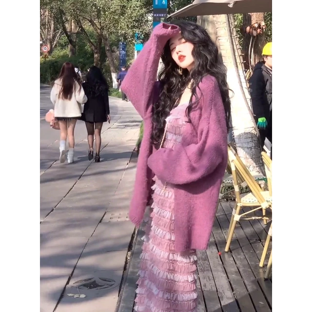 大码女装时尚气质吊带连衣裙韩版宽松毛衣开衫春季新款显瘦长裙子