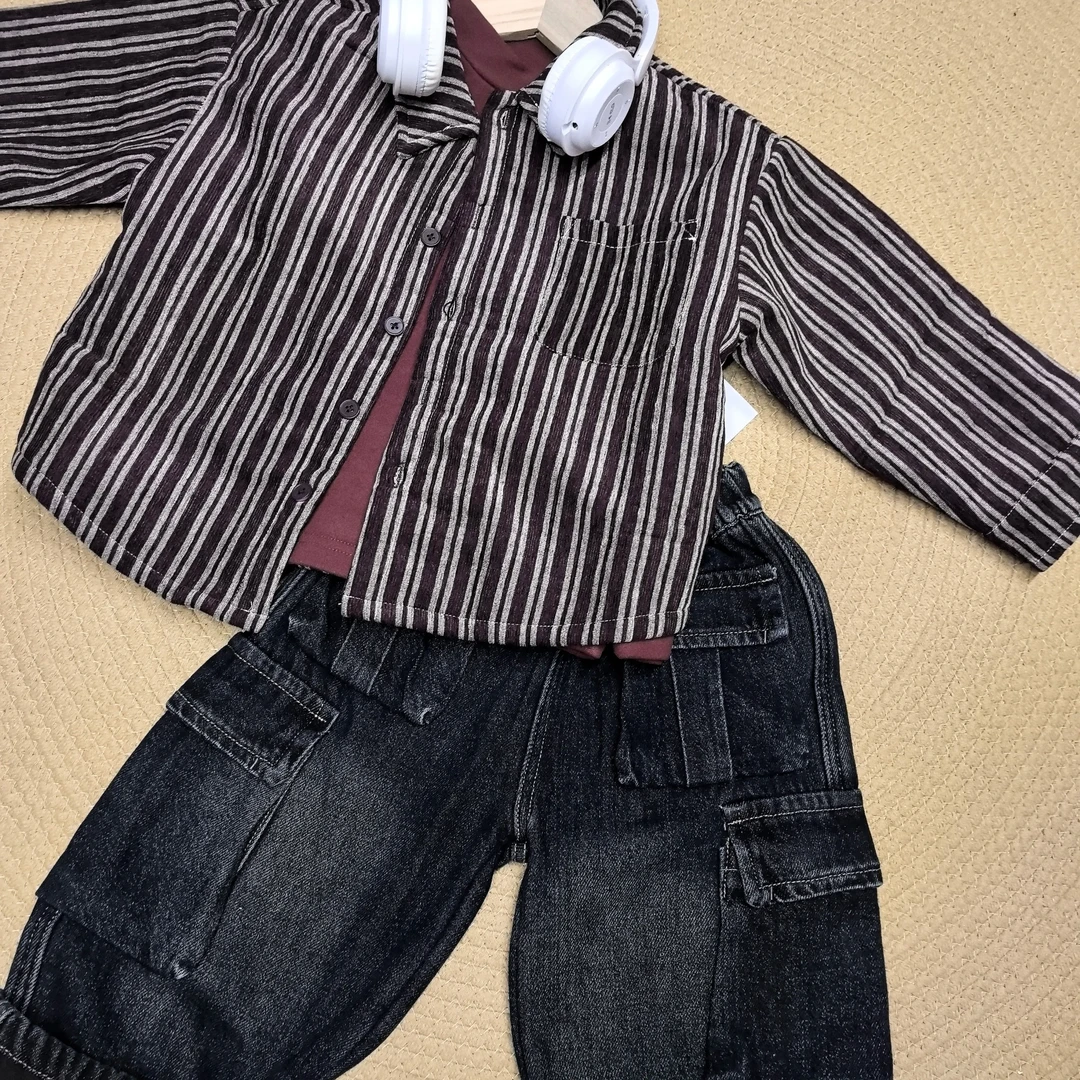 冬季新款男童休闲双口袋条纹加绒衬衫两件套装