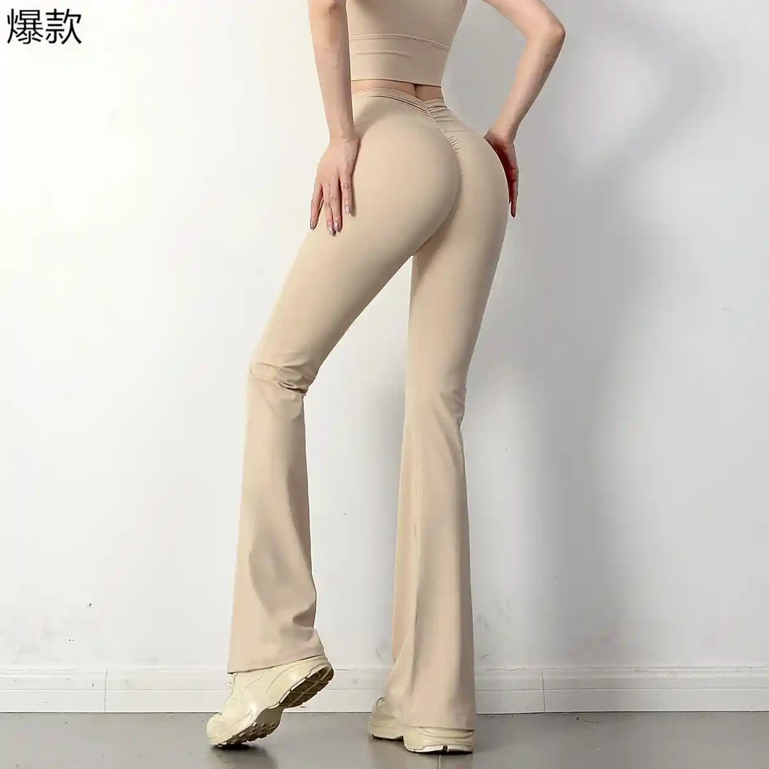 防卷边健身裤微喇叭瑜伽裤弹力提臀训练跑步裤休闲运动外穿长裤女