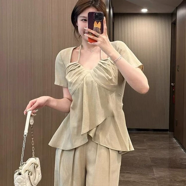 夏季新款法式穿搭短袖上衣长裤两件套大码胖mm收腰藏肉显瘦套装女