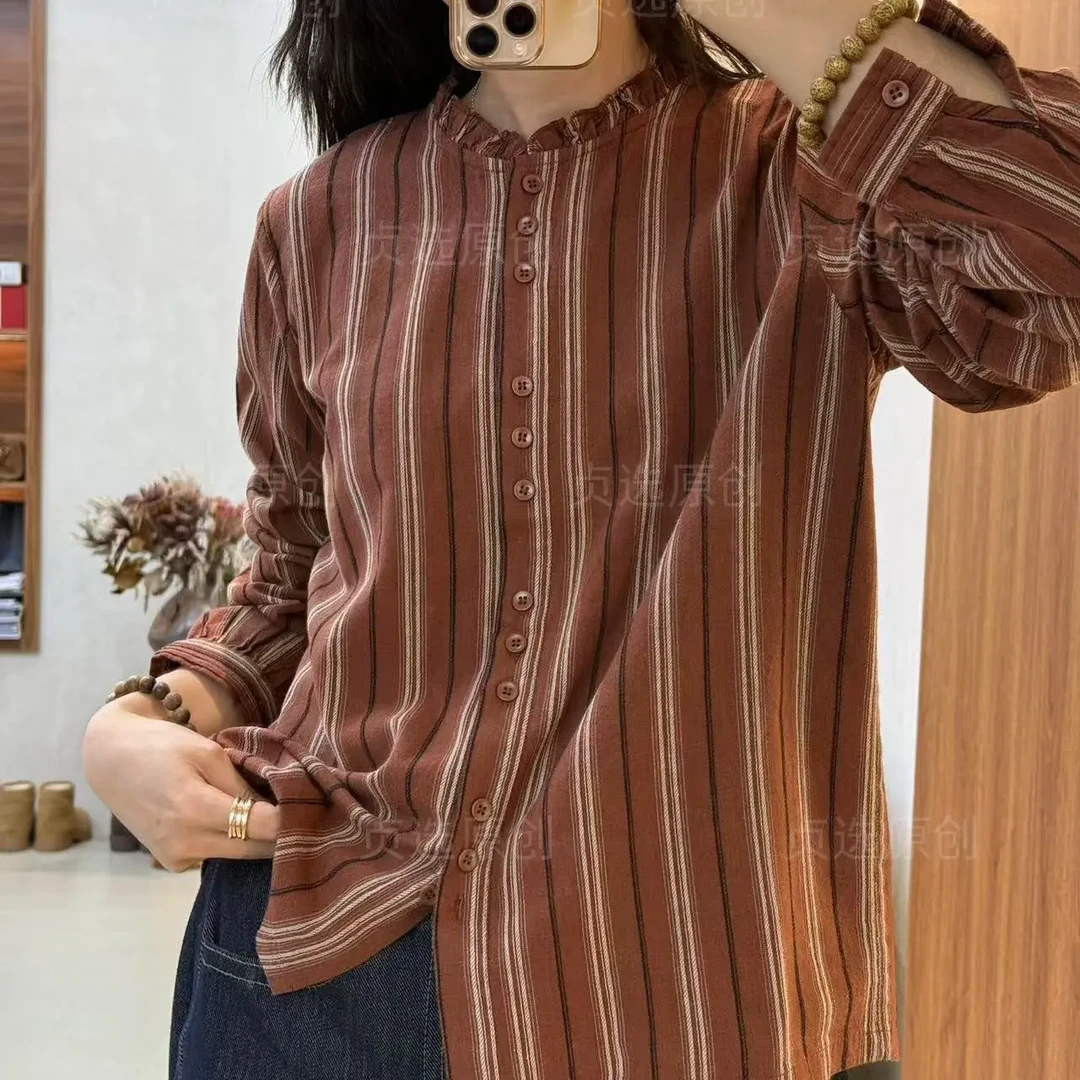 A2501-花边领条纹长袖衬衫复古设计感宽松上衣